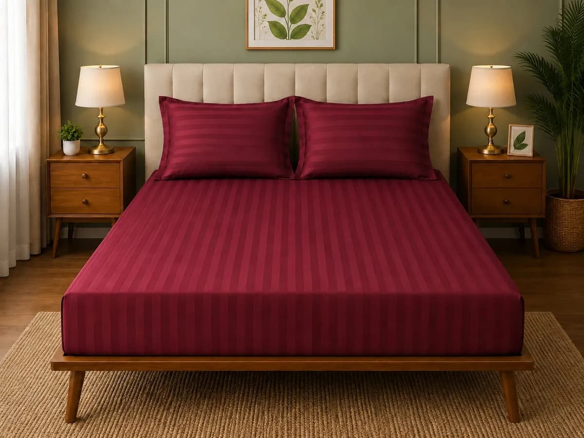Satin Strips Double Bedsheet - Burgundy