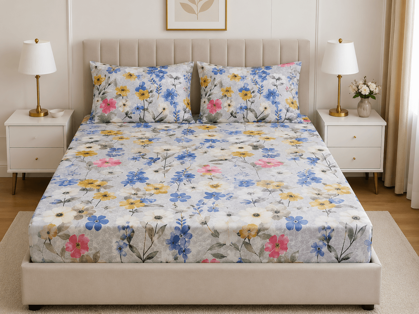 Fitted Bedsheet Set (220×250 cm) - Multi Colored Floral