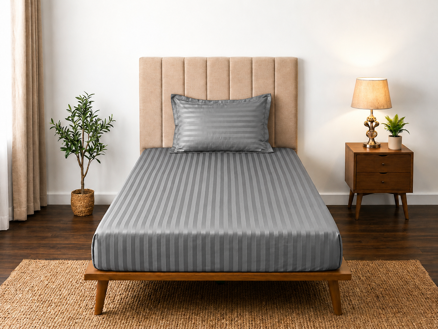Satin Strips Single Bedsheet - Ash Grey