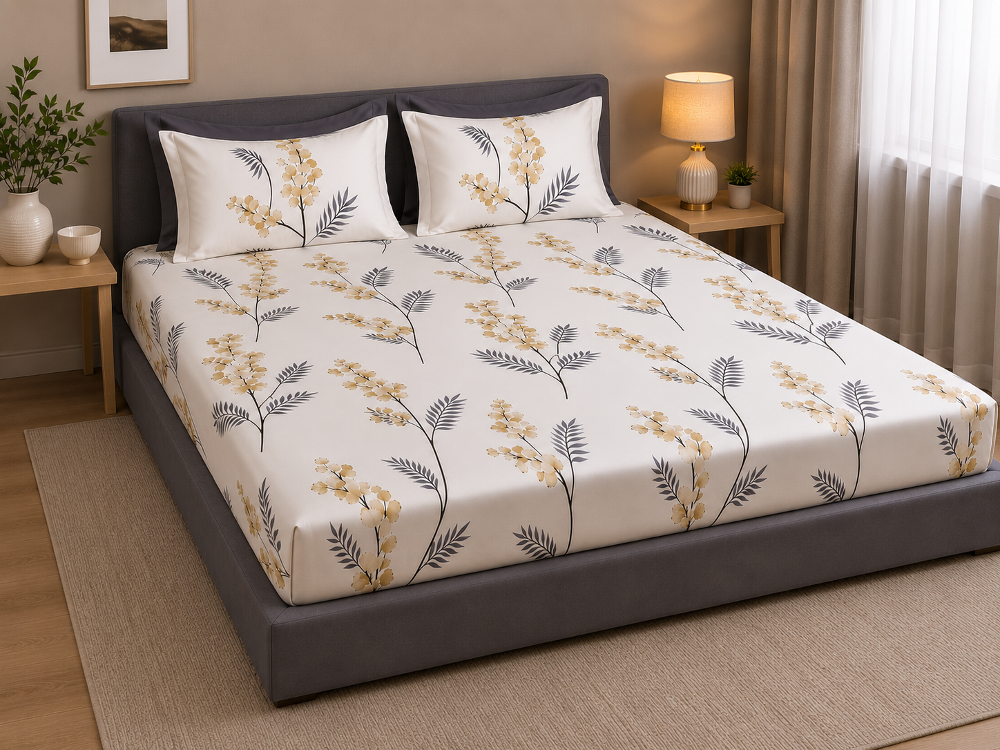 Fitted Bedsheet Set - Cream & Grey Floral