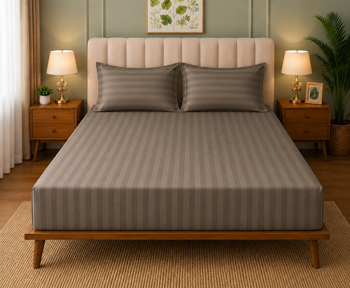 Satin Strips Double Bedsheet - Earthy Brown