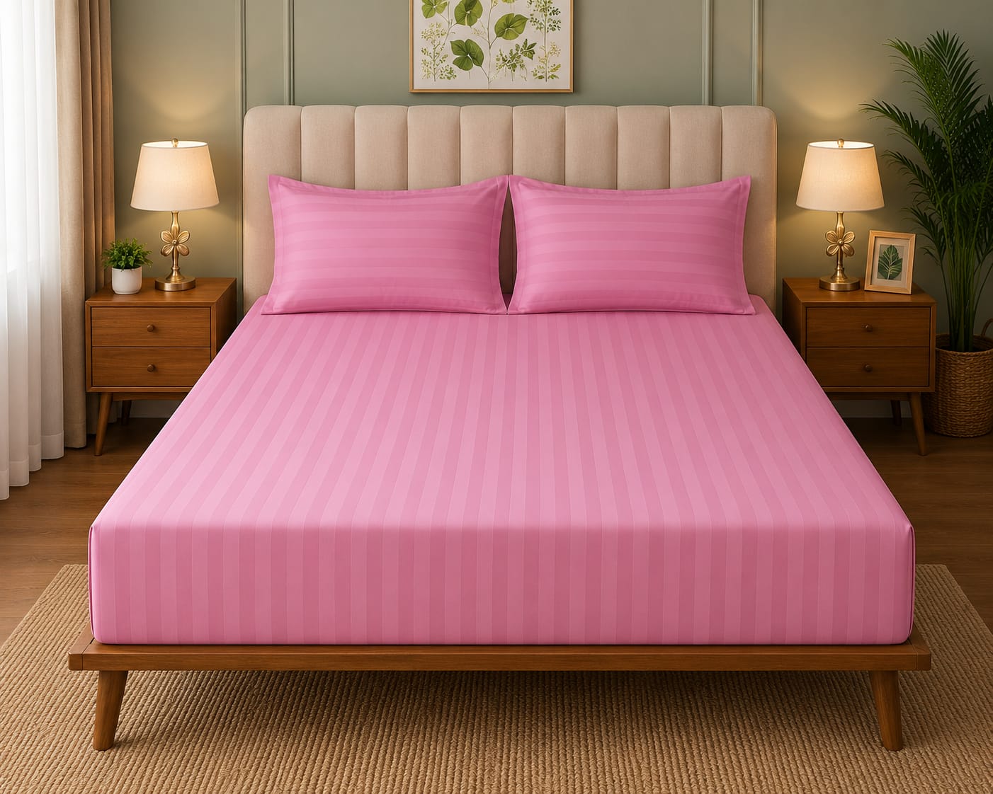 Satin Strips Double Bedsheet - Pink