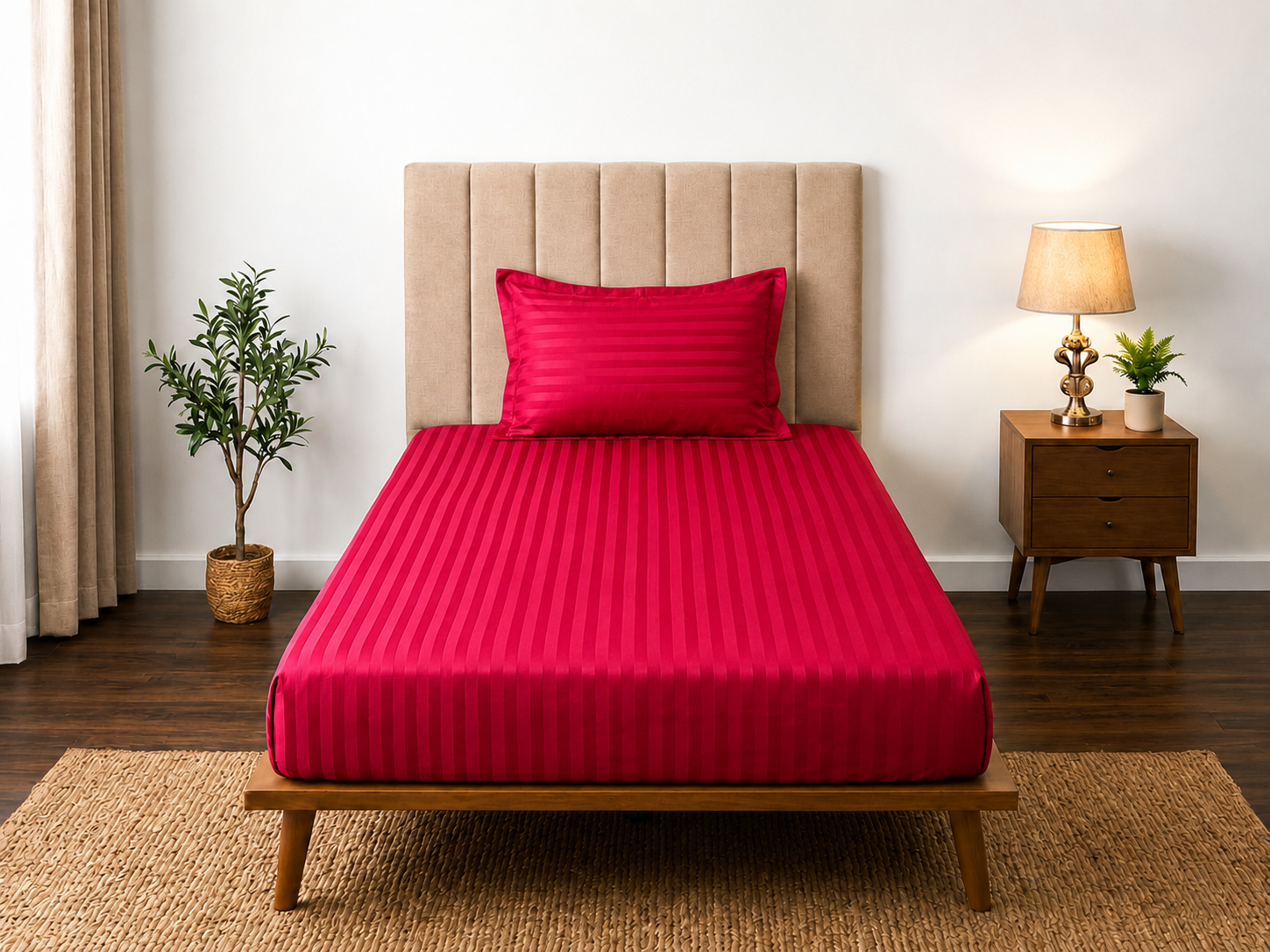 Satin Strips Single Bedsheet - Red
